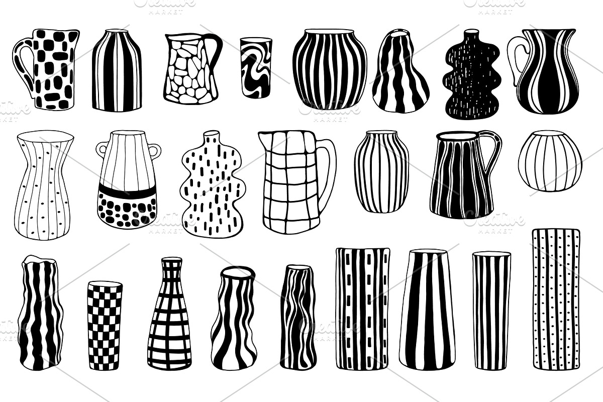 Naive hand drawn vases for flowers, an Illustration by Art's and patterns