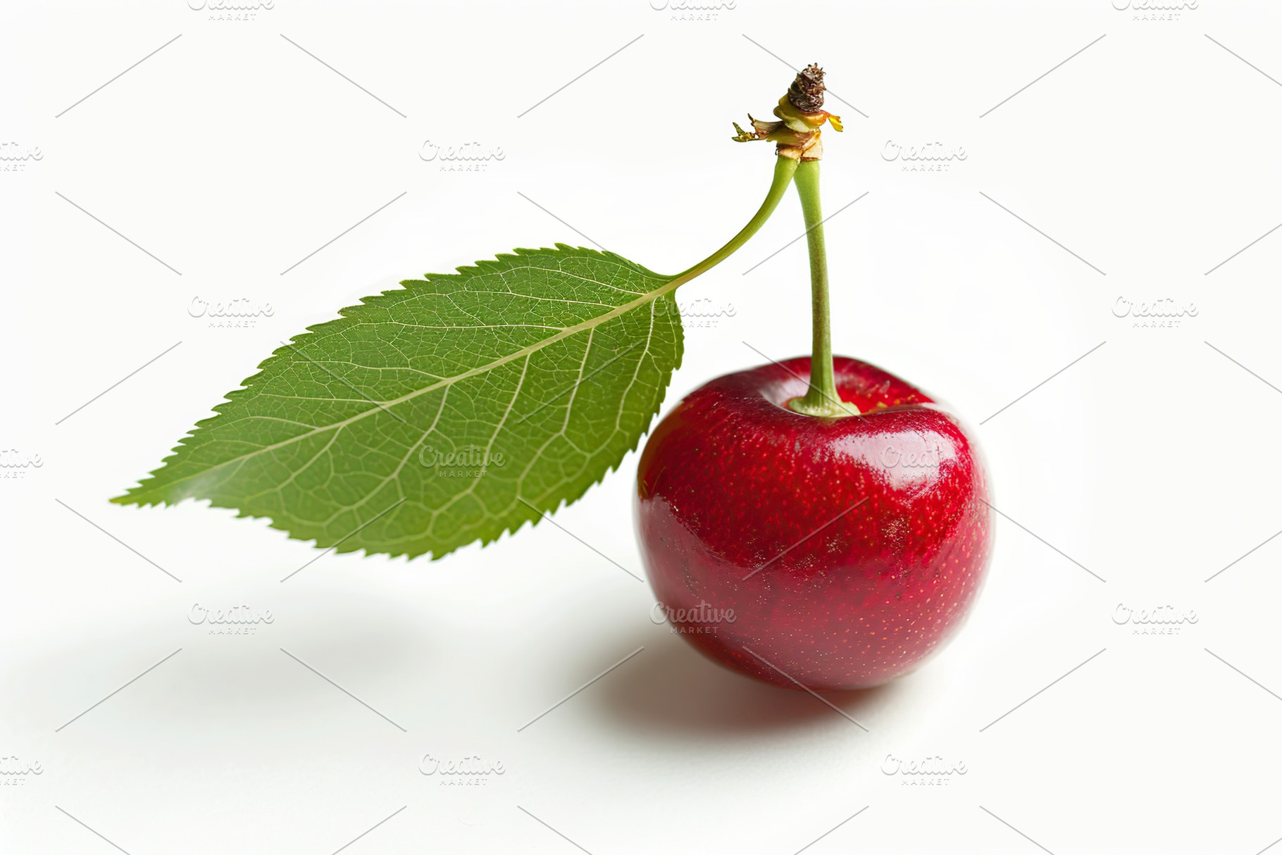 Fresh cherry with green leaf isolated on white background, a Food & Drink Photo by AlyaAnd
