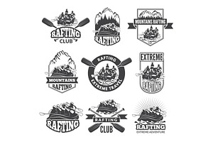Vintage monochrome labels for dangerous water sports. Symbols of rafting. Pictures of kayak, a Background Graphic by Onyx