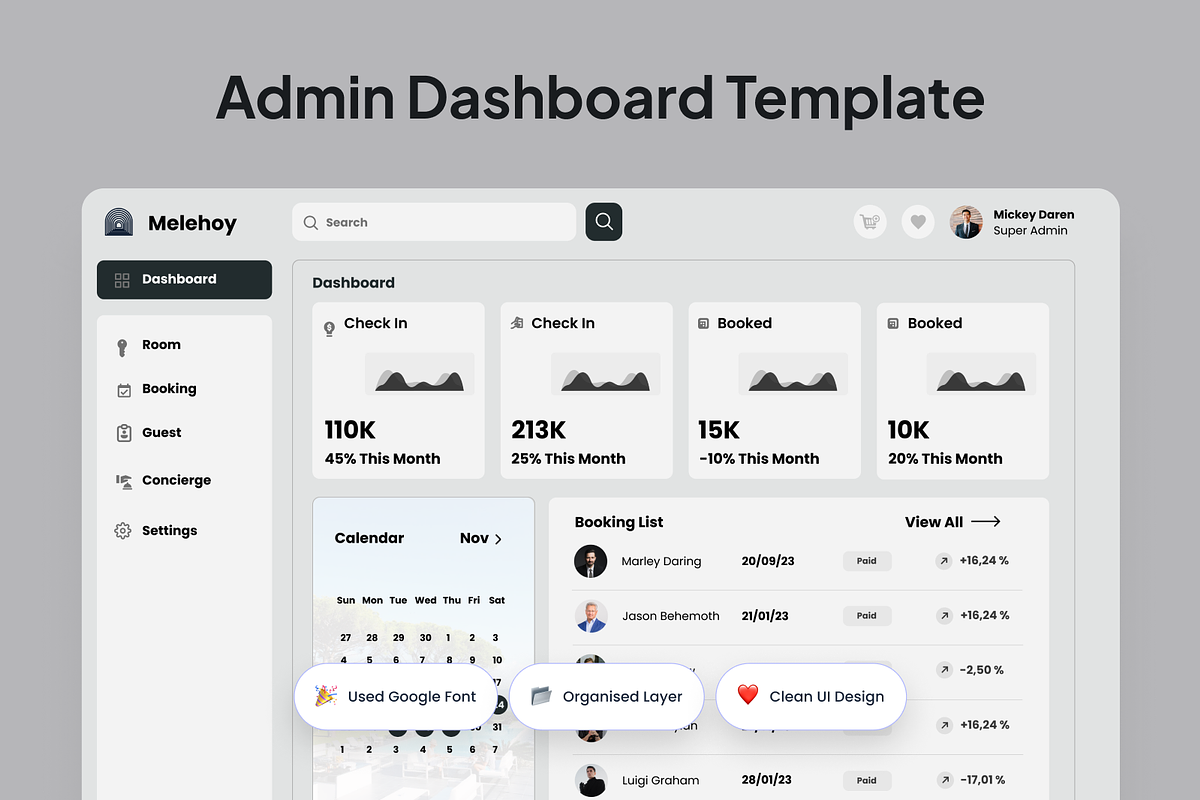 Melehoy -  Hotel Booking Dashboard, an UI Kit Template by SquidPixey (Photo 2 of 5)