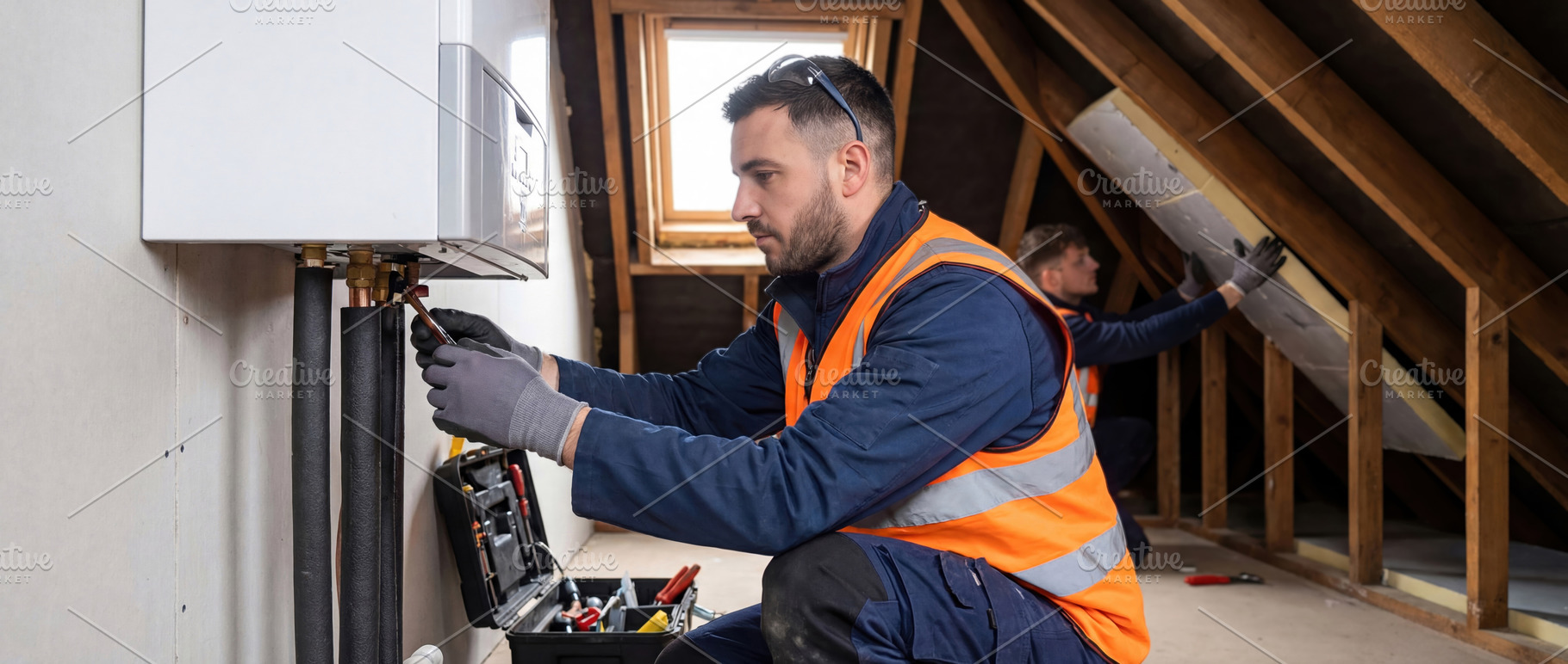 Workers installing a heat pump, a Business Photo by Shootdiem
