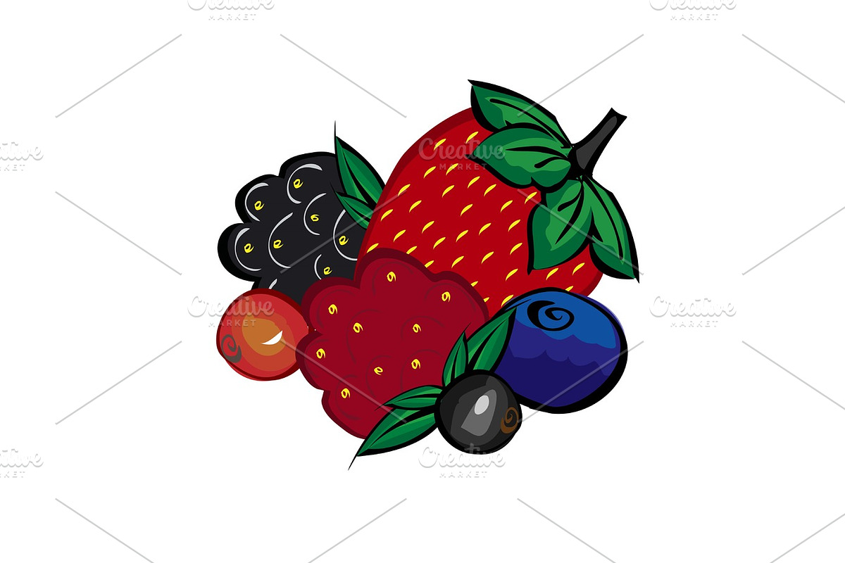 Ripe berries strawberries raspberries blueberries blackberries a, a Decorative Illustration by kozyrevaelena