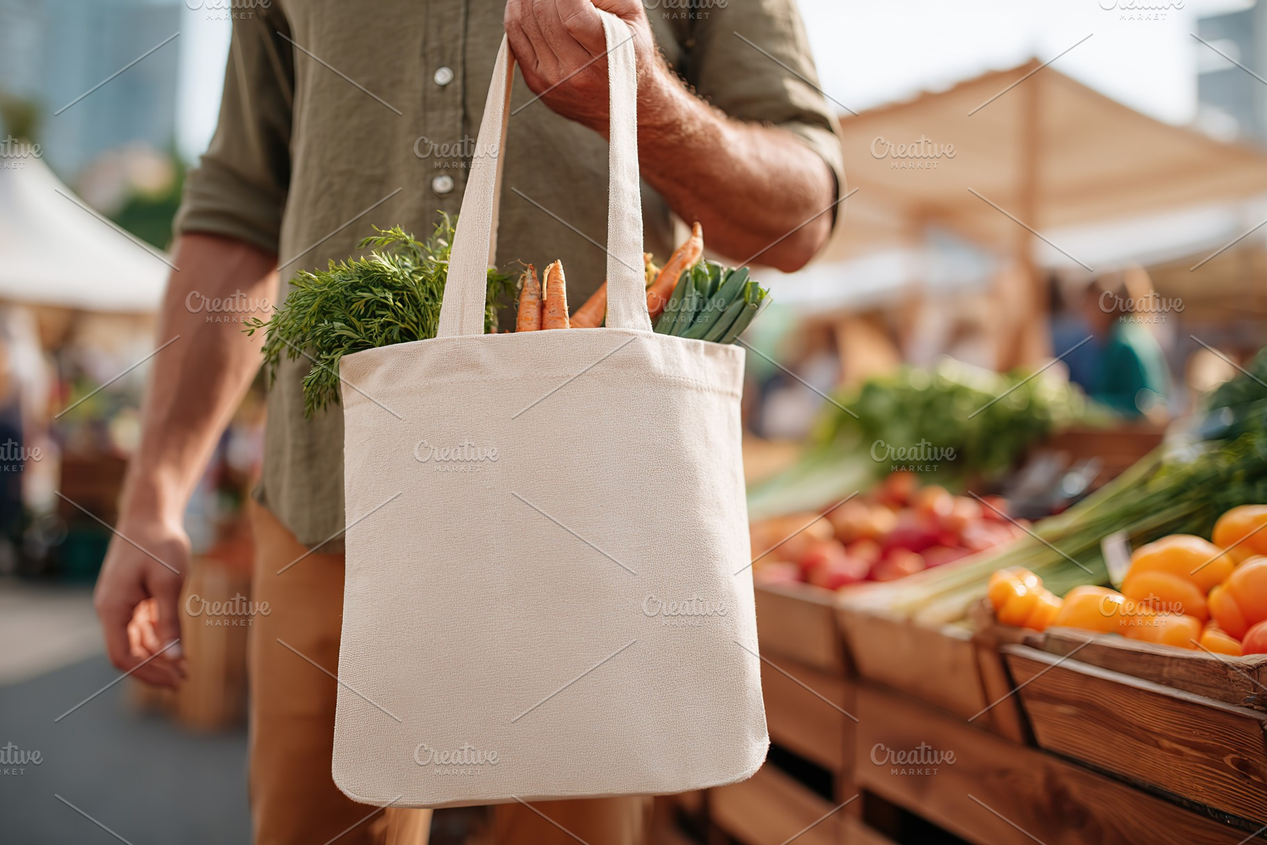 Carrying a reusable cotton bag filled with fresh vegetables at a bustling local, a Photo by AlyaAnd