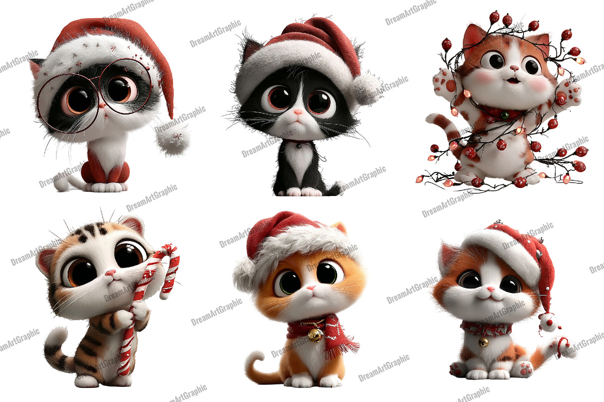 Whimsical Christmas Cats Clipart, an Illustration by DreamArtGraphic (Photo 2 of 5)
