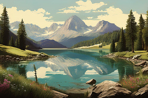 vintage alpine mountain lake panorama illustration, AI generated, a Photo by WorldOfPhotos