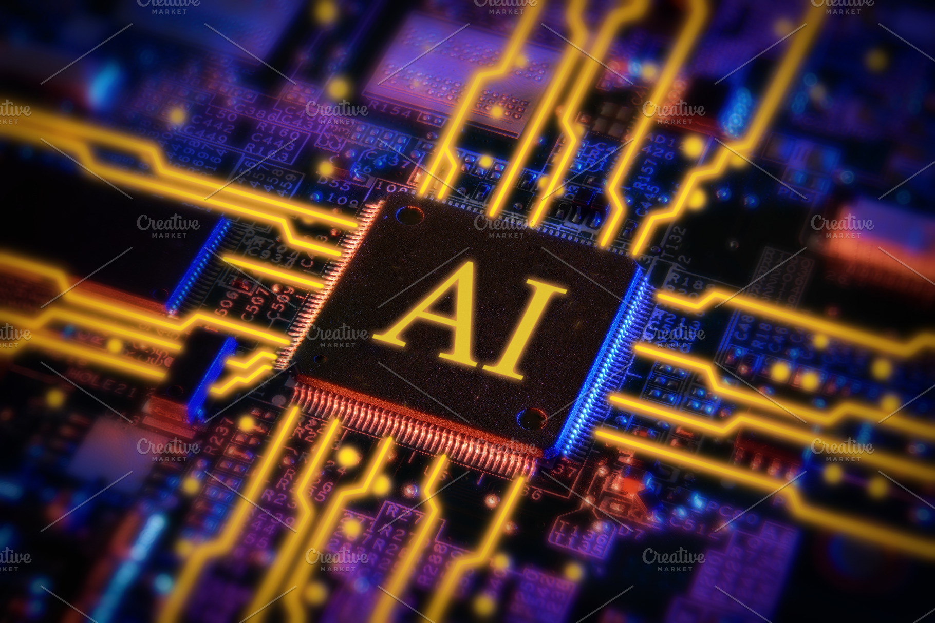 A futuristic microchip labeled AI sits on a circuit board, a Technology Photo by Davizro's Market