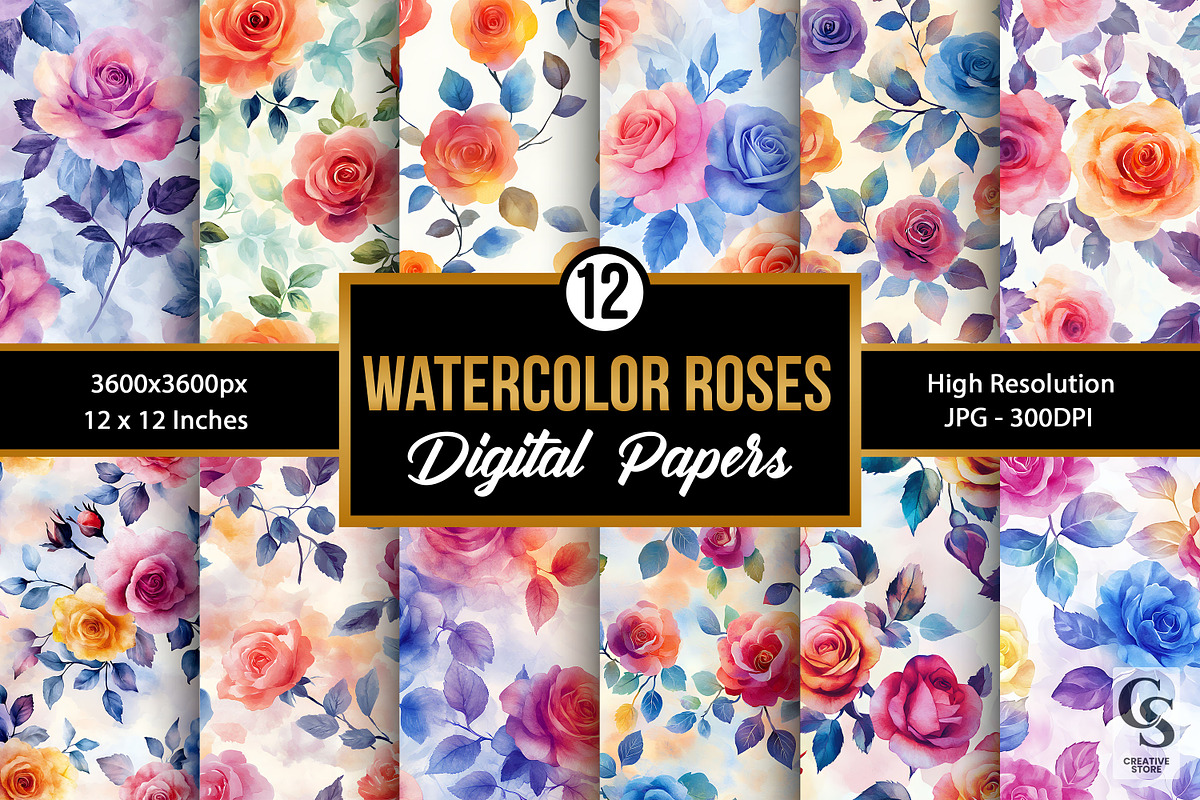 Watercolor Rose Flowers Patterns, a Pattern Graphic by Creative Store (Photo 1 of 5)