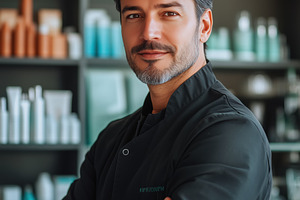 A confident esthetic technologist male professional in a black coat stands in a, a Person Photo by Textures & Backgrounds