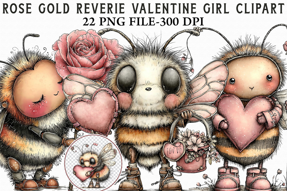 Whimsical Valentine Bee Clipart, an Illustration by Libby Wishes (Photo 1 of 4)
