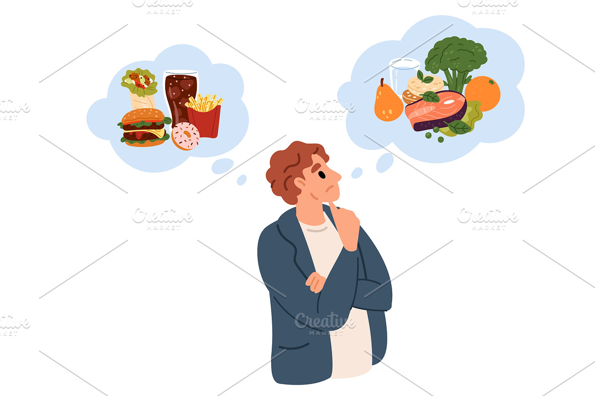 Man makes choice between healthy and, a Food Illustration by Vectorbuum