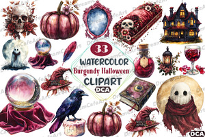 Watercolor Burgundy Halloween Clipar, an Illustration by DreamCafeArt
