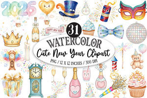 Watercolor Cute New Year Clipart, an Illustration by Designking