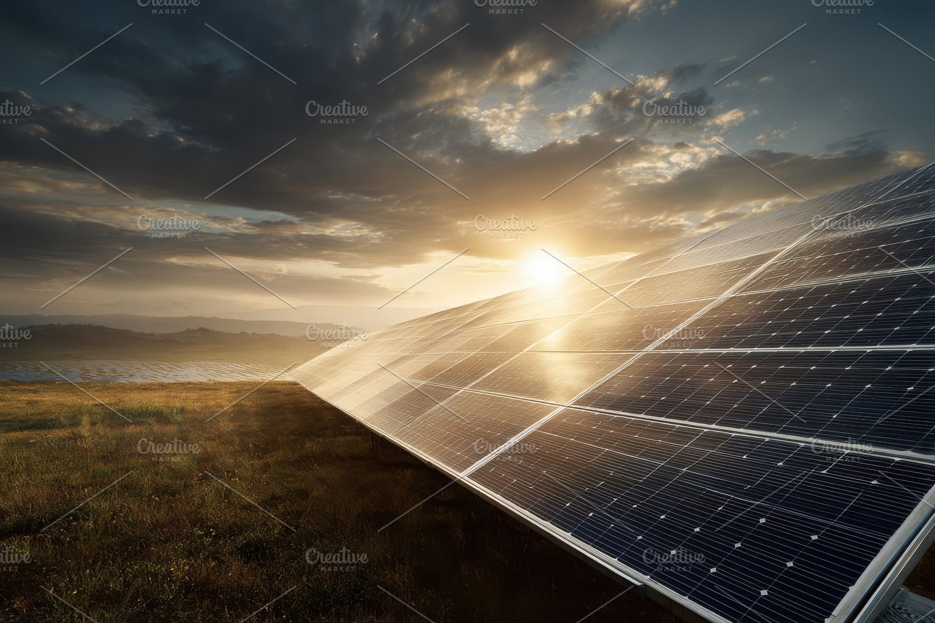 Solar panels at sunset clean energy, a Photo by Pixeness Studio