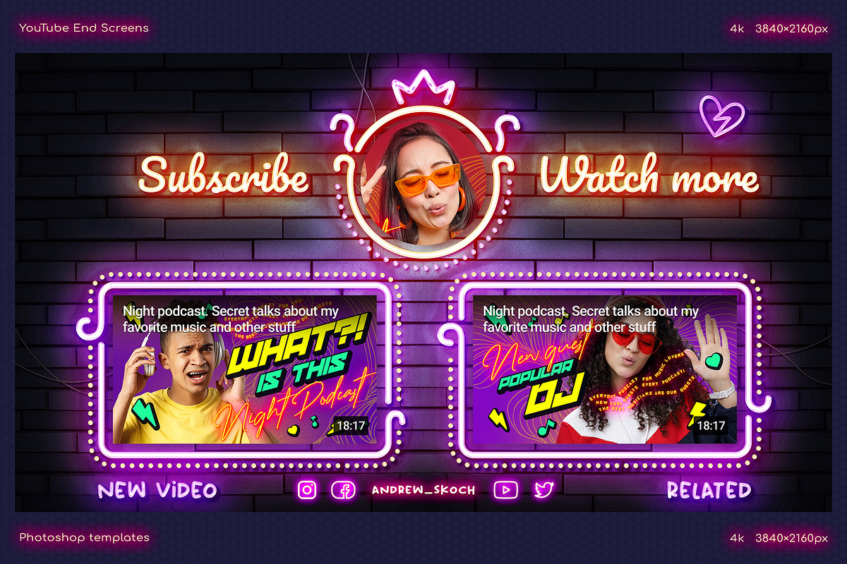 Neon YouTube End Screens, a Social Media Template by Andrew Skoch Design (Photo 4 of 18)