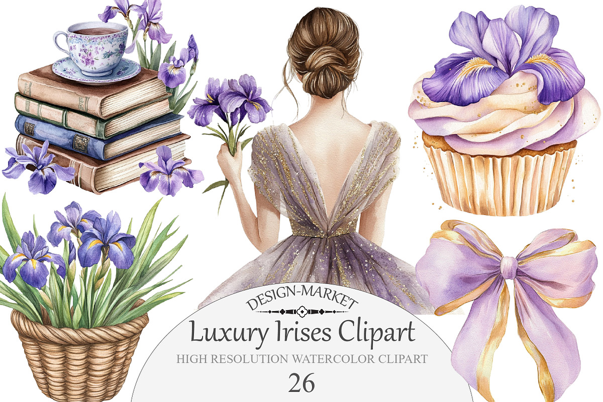 Watercolor Luxury Irises Clipart, an Illustration by Design Market (Photo 1 of 3)