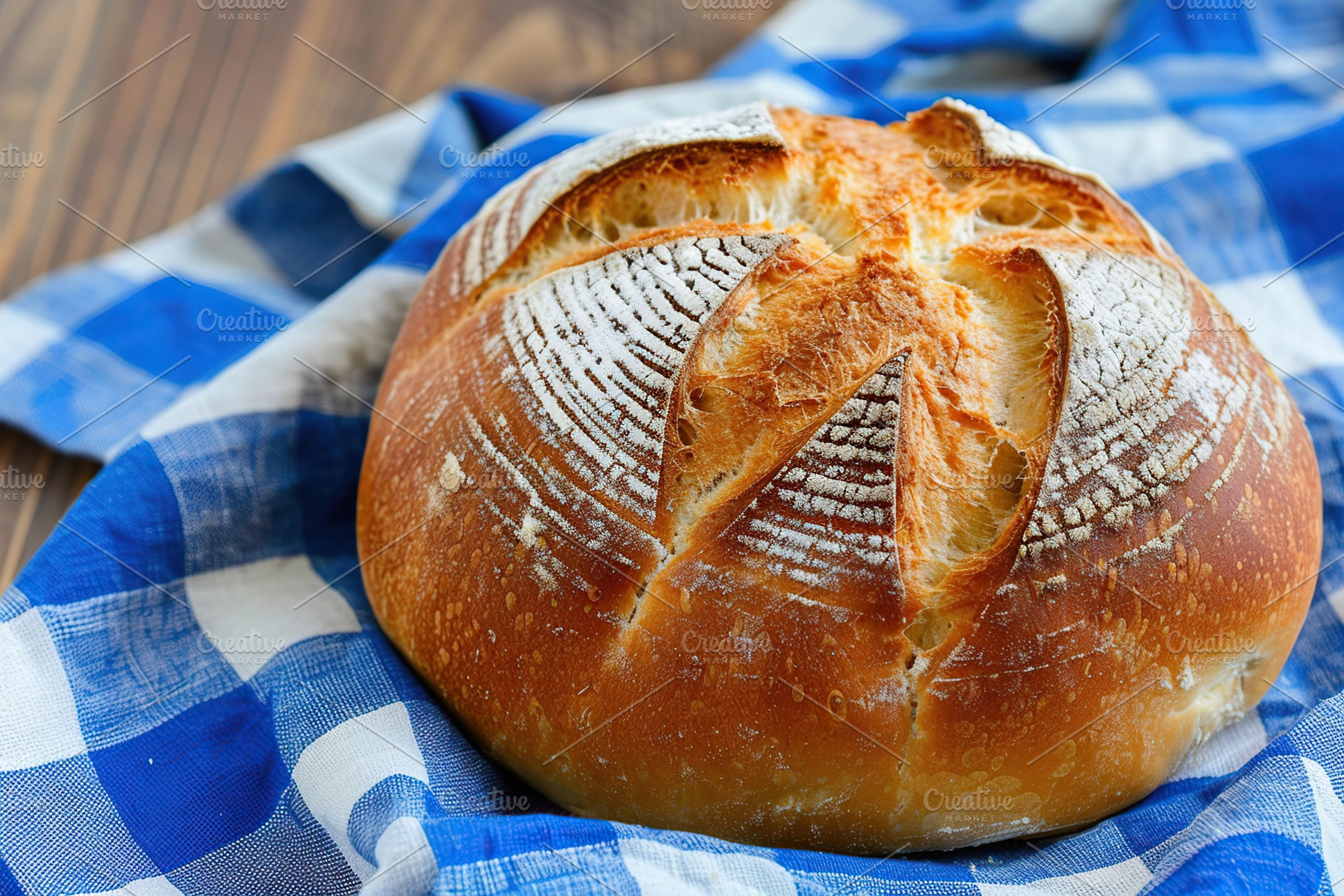 Freshly baked bread with blue napkin on wooden table, a Food & Drink Photo by AlyaAnd