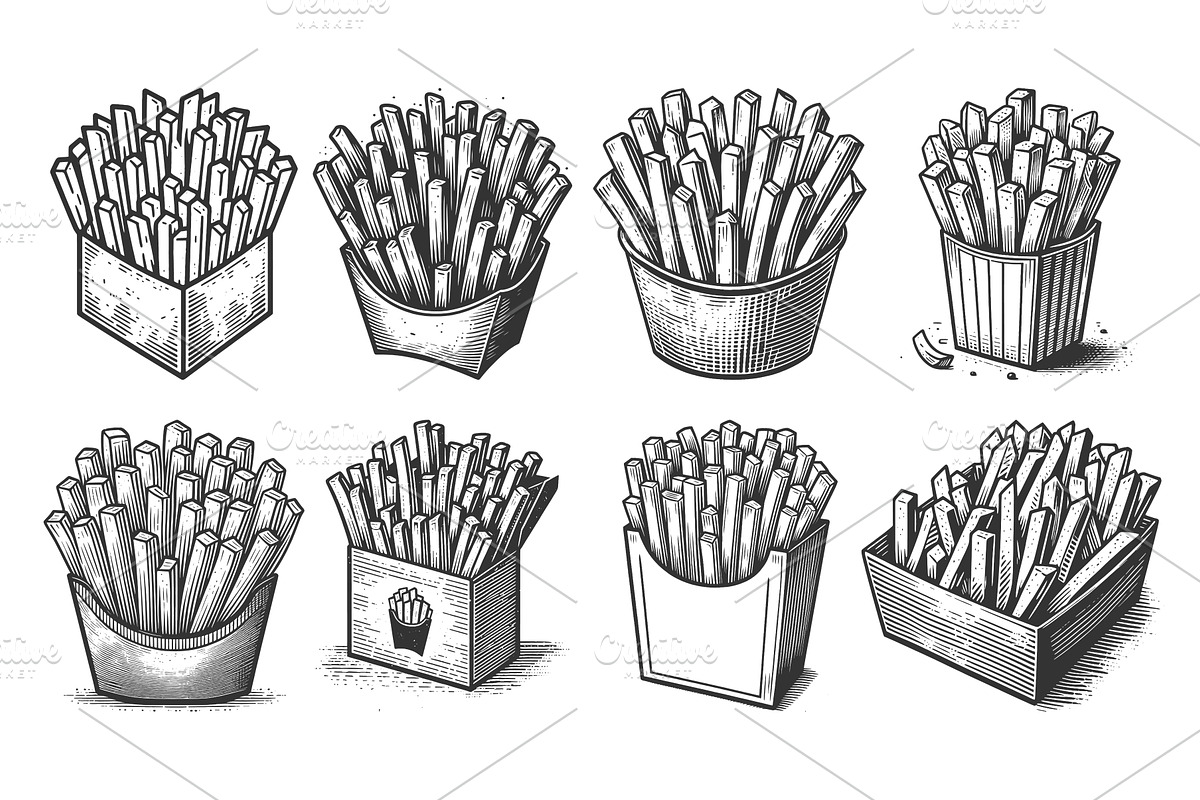 French Fries engraving set vector, a Food Illustration by AlexArt