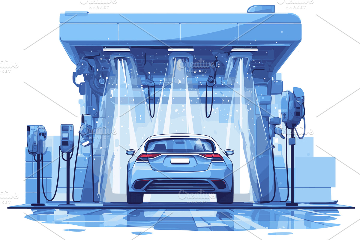 Car being washed in a car wash, an Illustration by LadadikArt
