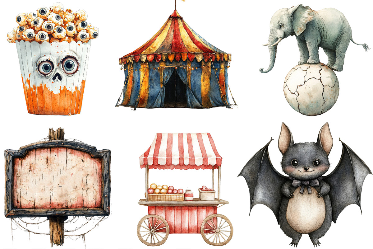 Watercolor Spooky Circus Clipart, an Illustration by Designking (Photo 2 of 4)