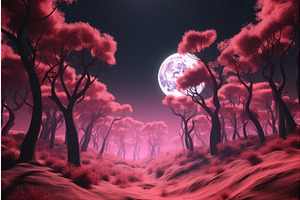 Pink Night Forest. Generate Ai