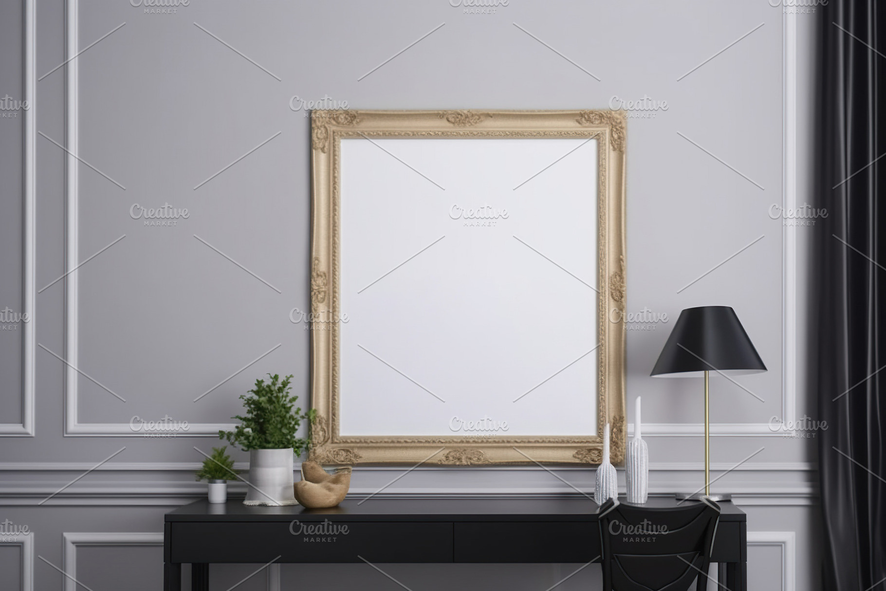 Blank print frame mockup with plants and decor on light backgrou, a Photo by Dvoevnore photos