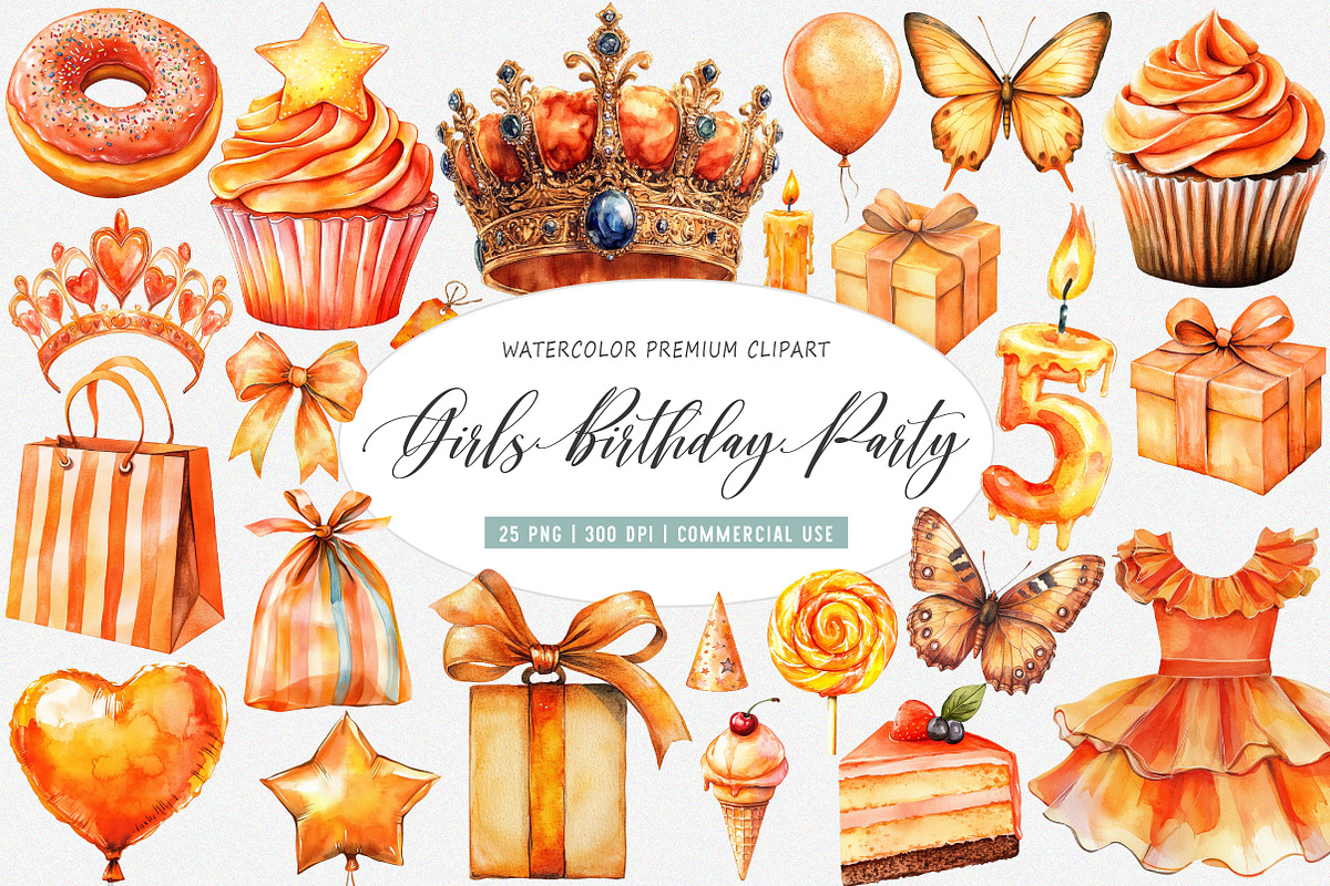Watercolor Girls Birthday Party PNG, an Illustration by SinaCreation (Photo 1 of 5)