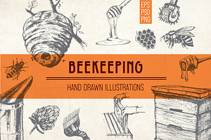 Beekeeping. Hand drawn ink set