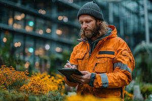 Man in orange coat writing on a clipboard in a lush greenhouse, an Industrial Photo by AS photostudio