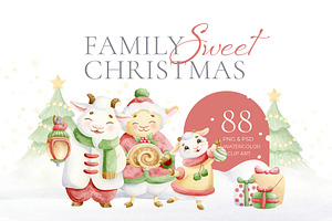 Family Christmas Watercolors Cartoon
