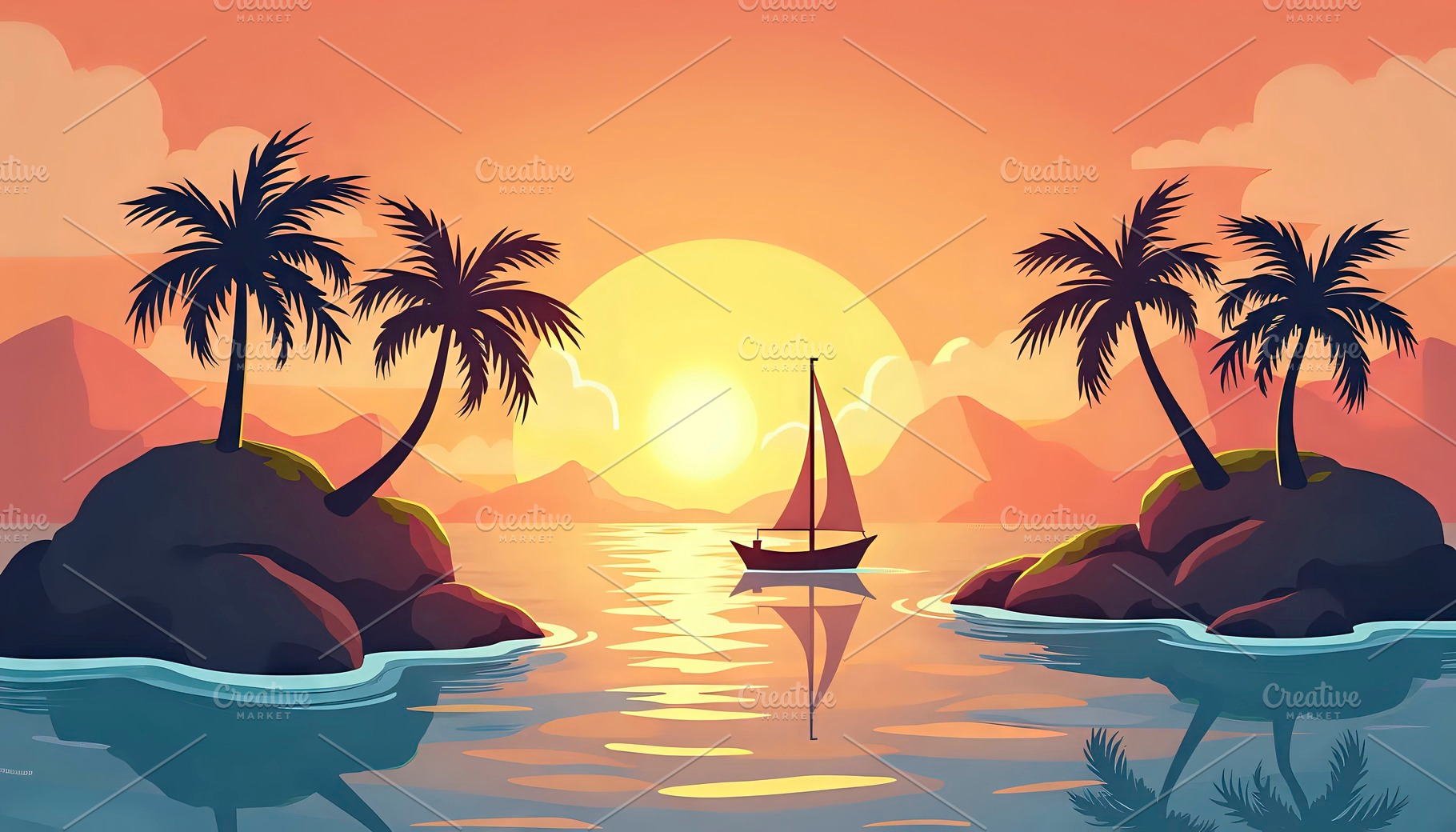 Scenic Island With Boat Sailing Thro, a Photo by LOGOCREATIVE