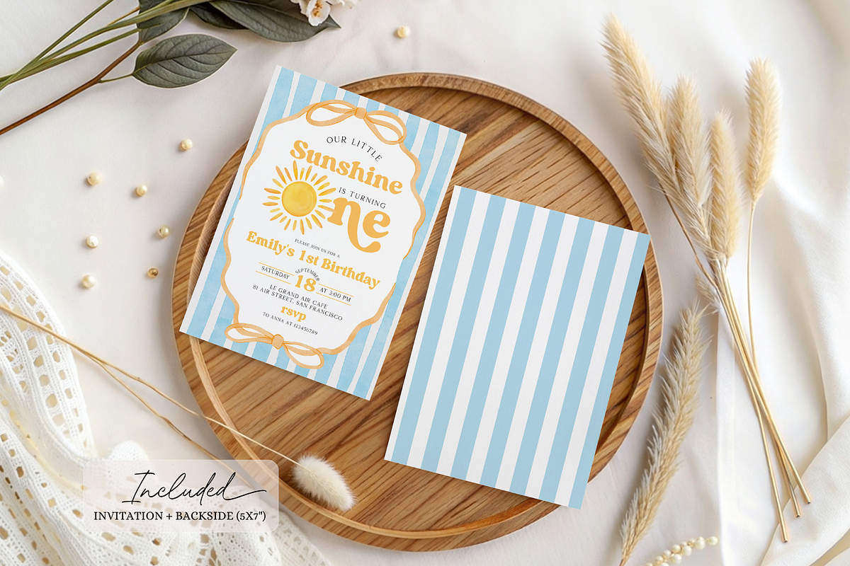 Sunshine First Birthday Invite, a Templates & Theme by VeliusCreativeStudio (Photo 2 of 3)