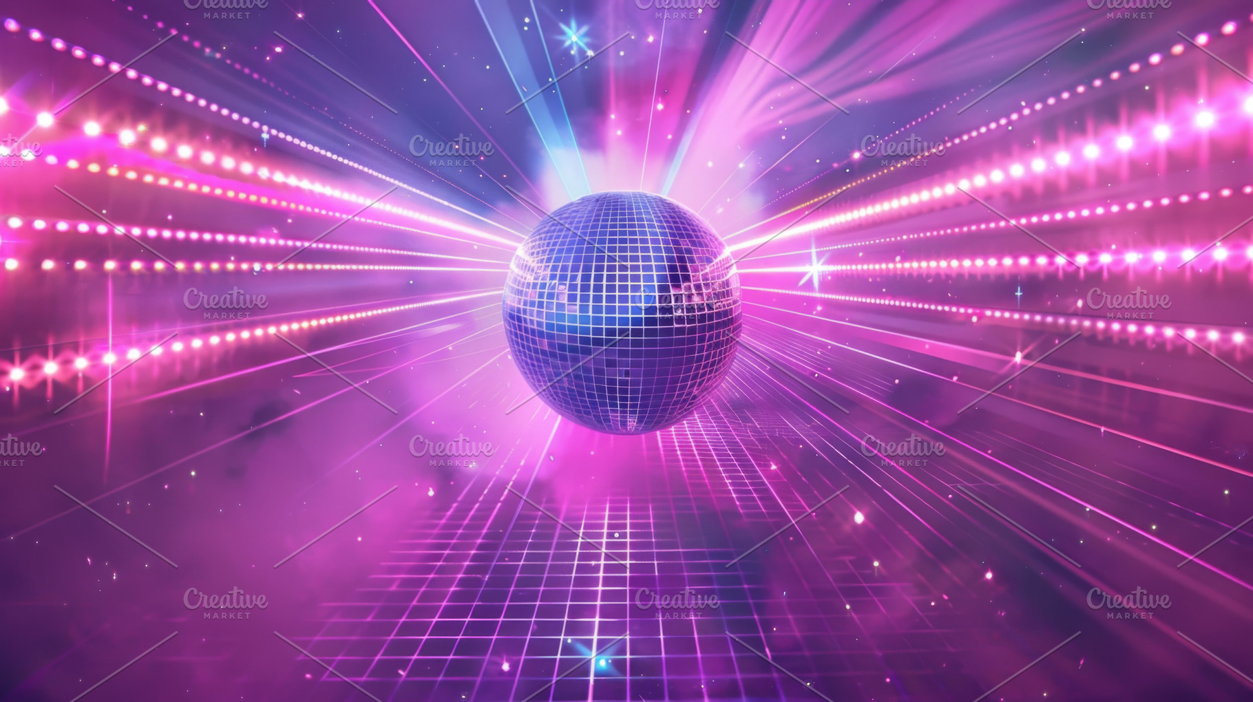 Disco ball reflecting neon lights creates vibrant party atmosphe, a Photo by Dvoevnore photos