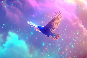 A vibrant, ethereal scene featuring a bird soaring through a colorful, cosmic s, an Animal Photo by Textures & Backgrounds