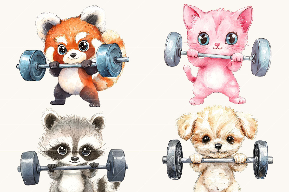 Watercolor Cute Animals Workout, an Animal Illustration by SparkyDesignsUS (Photo 5 of 9)