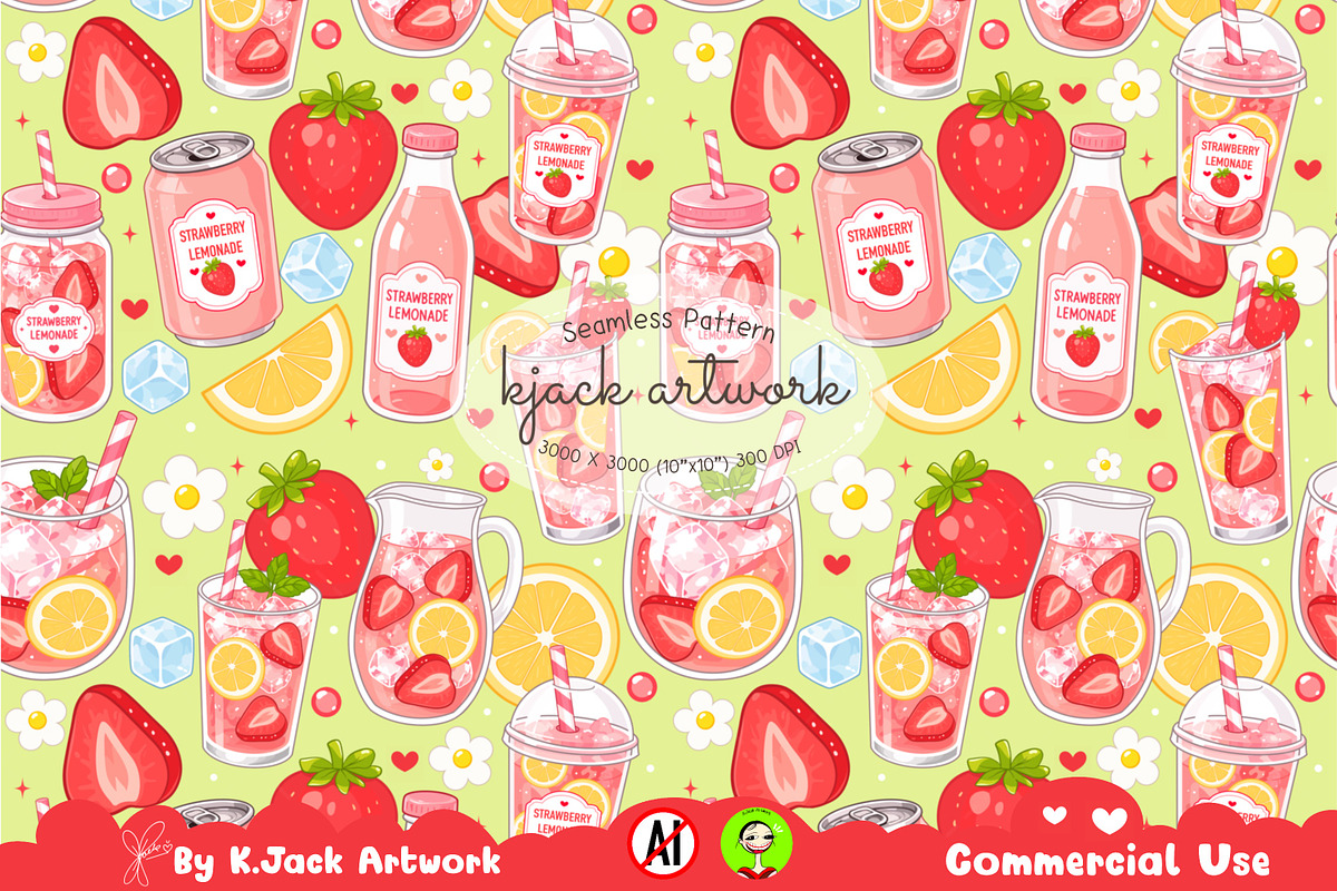 Cute Strawberry Lemonade Seamless, a Background Graphic by K.JackArtwork (Photo 1 of 8)
