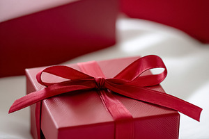 Red gift box with ribbon and bow representing a surprise present, a Photo by Studio ANNA