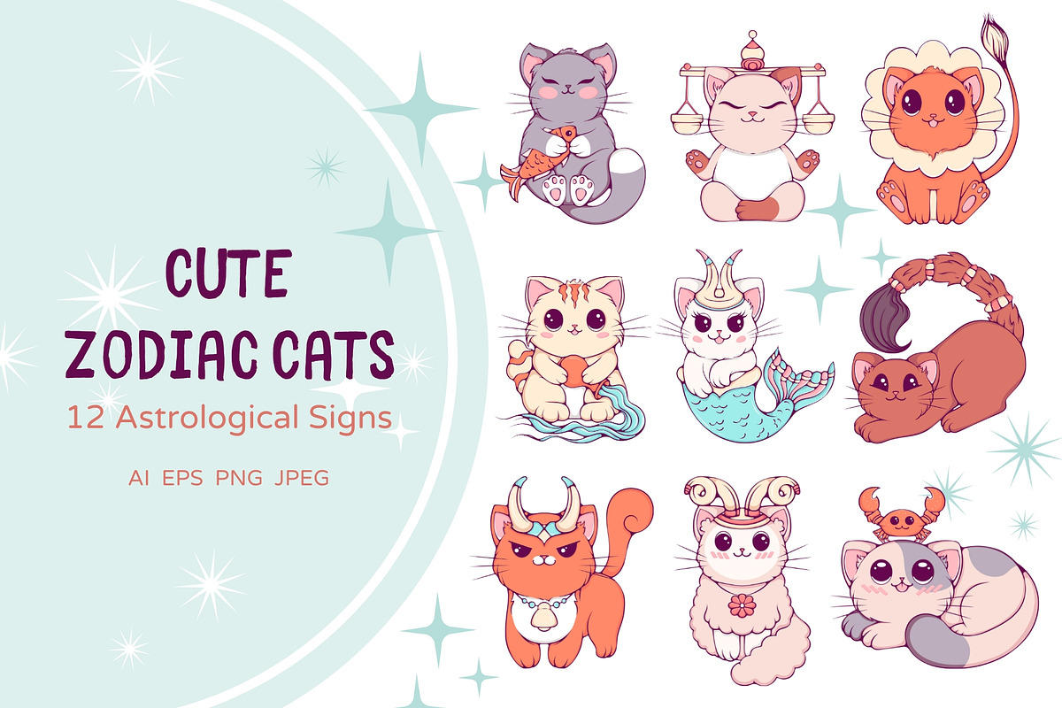 Cute Cats Zodiac Signs Collection, an Animal Illustration by ennona_art (Photo 1 of 6)