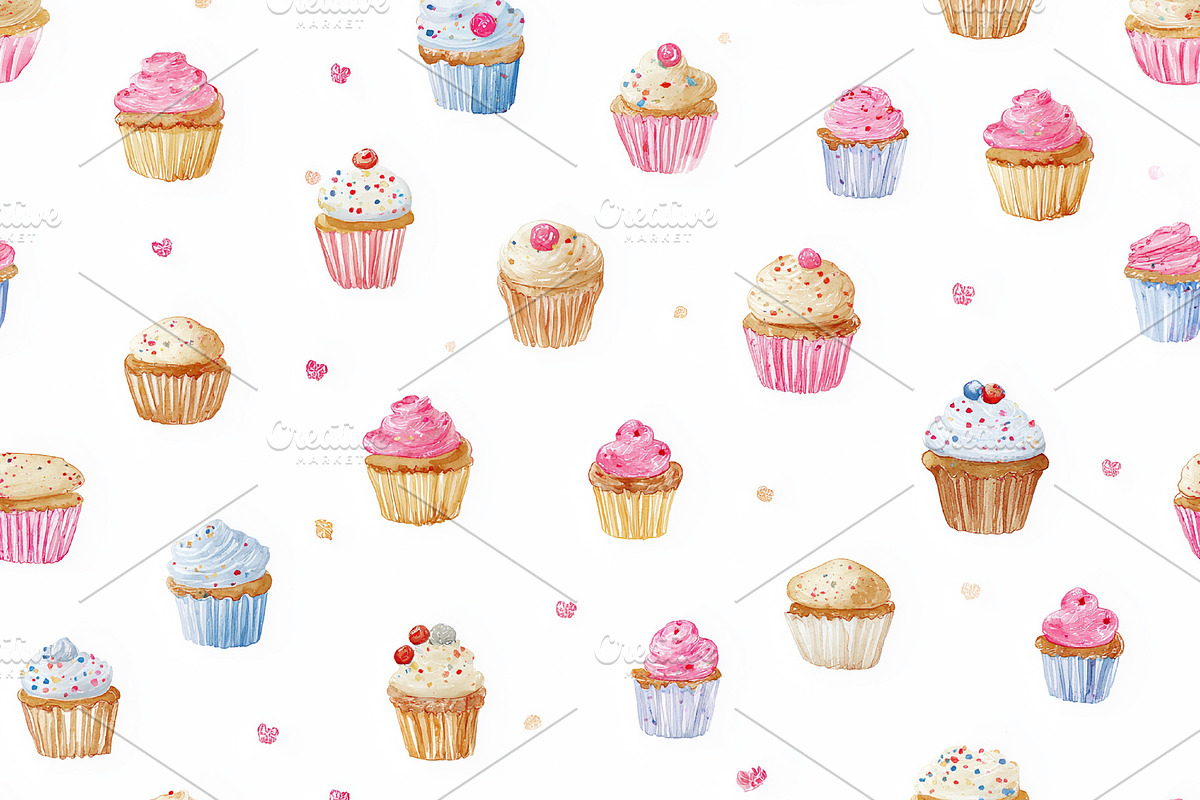 Seamless pattern, delicious watercolor cupcakes creating a seaml, a Pattern Graphic by Studio ANNA