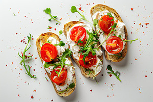Sandwich with cream cheese, microgreens and tomatoes on white background, a Food & Drink Photo by AlyaAnd