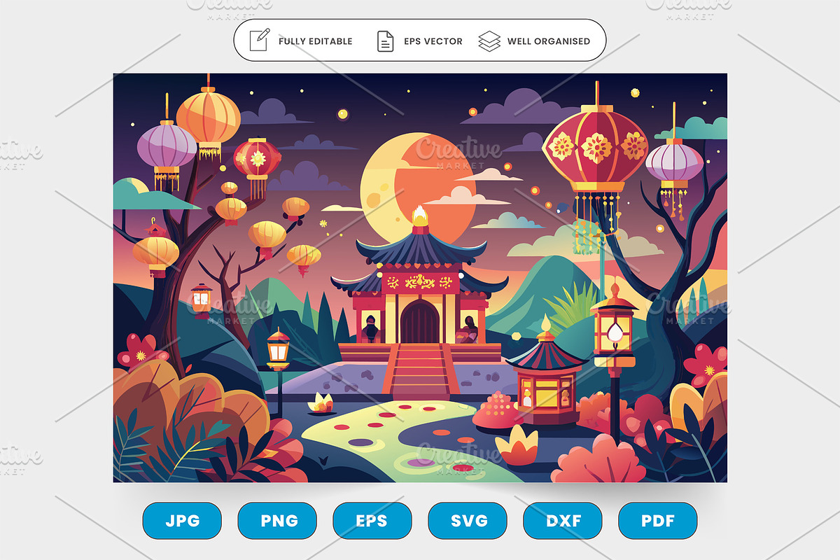 a chinese landscape with lanterns an, a Graphic by SaroStock