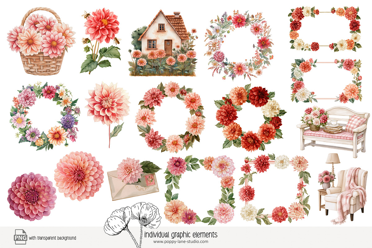 100 watercolour dahlia clip art, a Seasonal Illustration by Poppy Lane Studio (Photo 10 of 12)