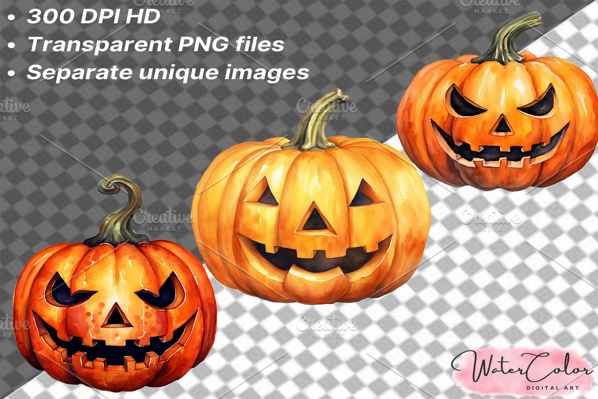 Jack-o-Lantern Collection Clipart, a Seasonal Illustration by Watercolor Digital (Photo 5 of 7)