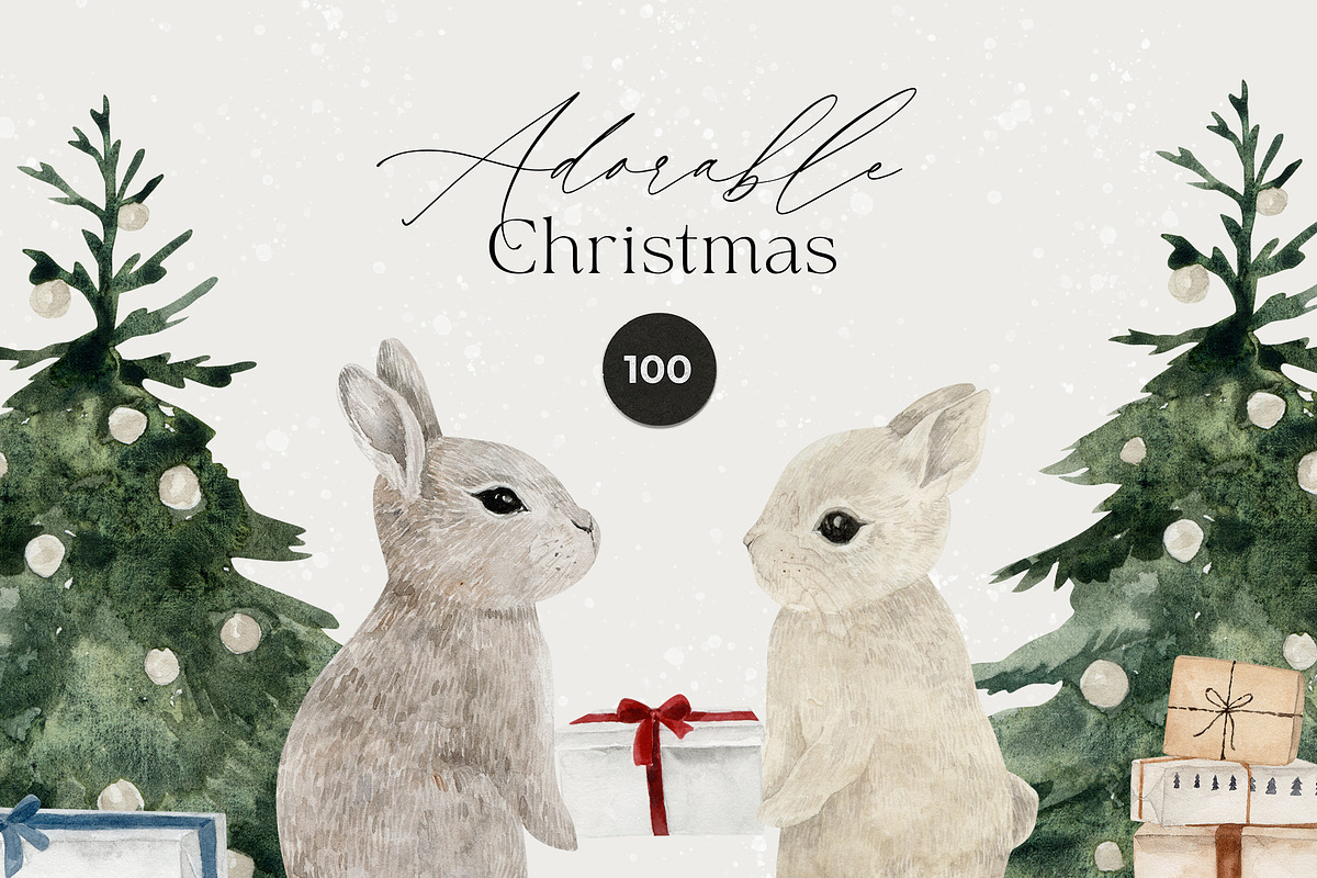 Watercolor Christmas Rabbits clipart