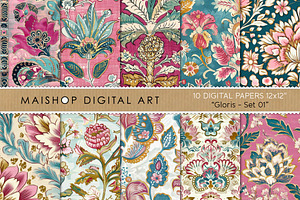 Boho Floral Digital Paper Pack, a Pattern Graphic by Maishop