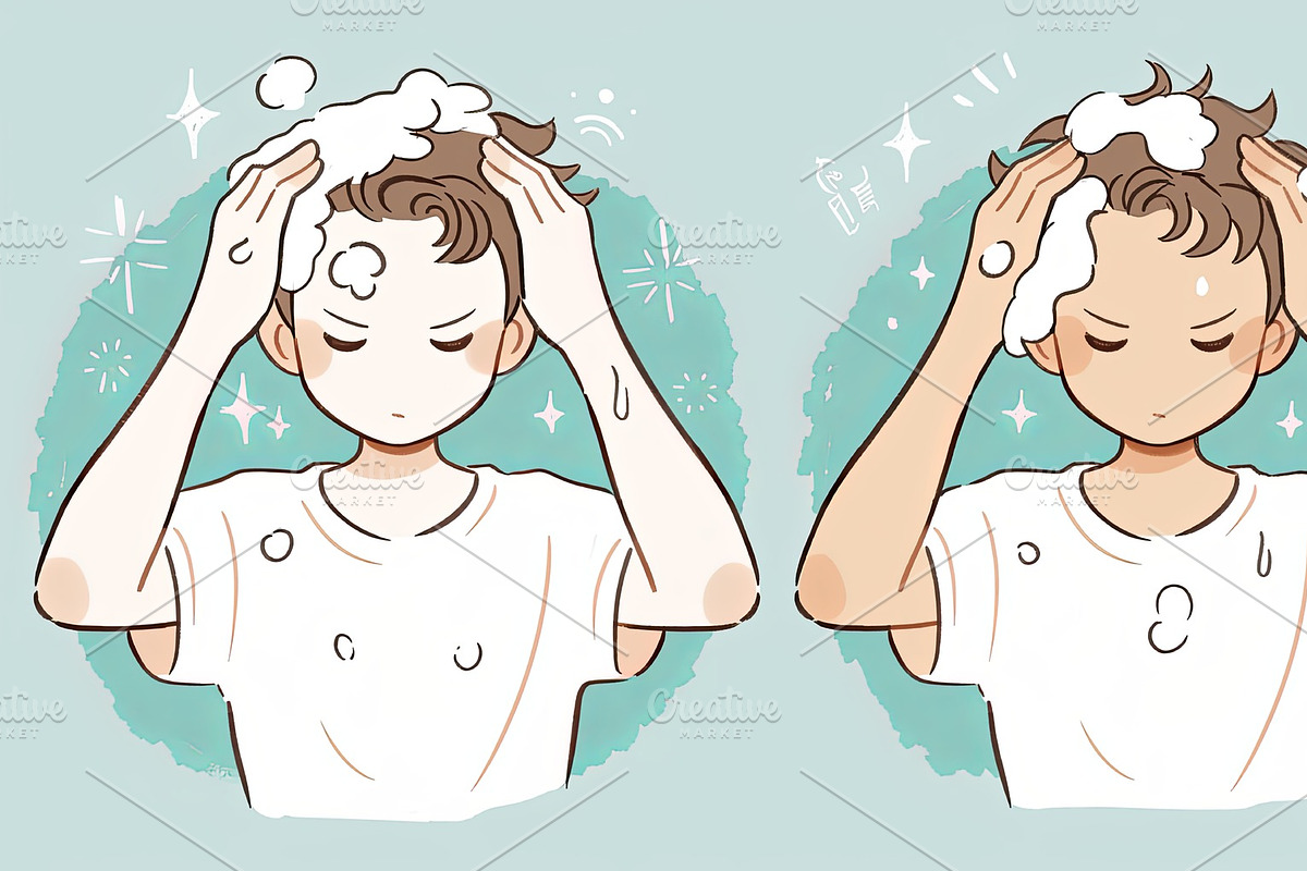 Illustrated man washing hair with shampoo while wearing a white shirt, an Illustration by AS photostudio