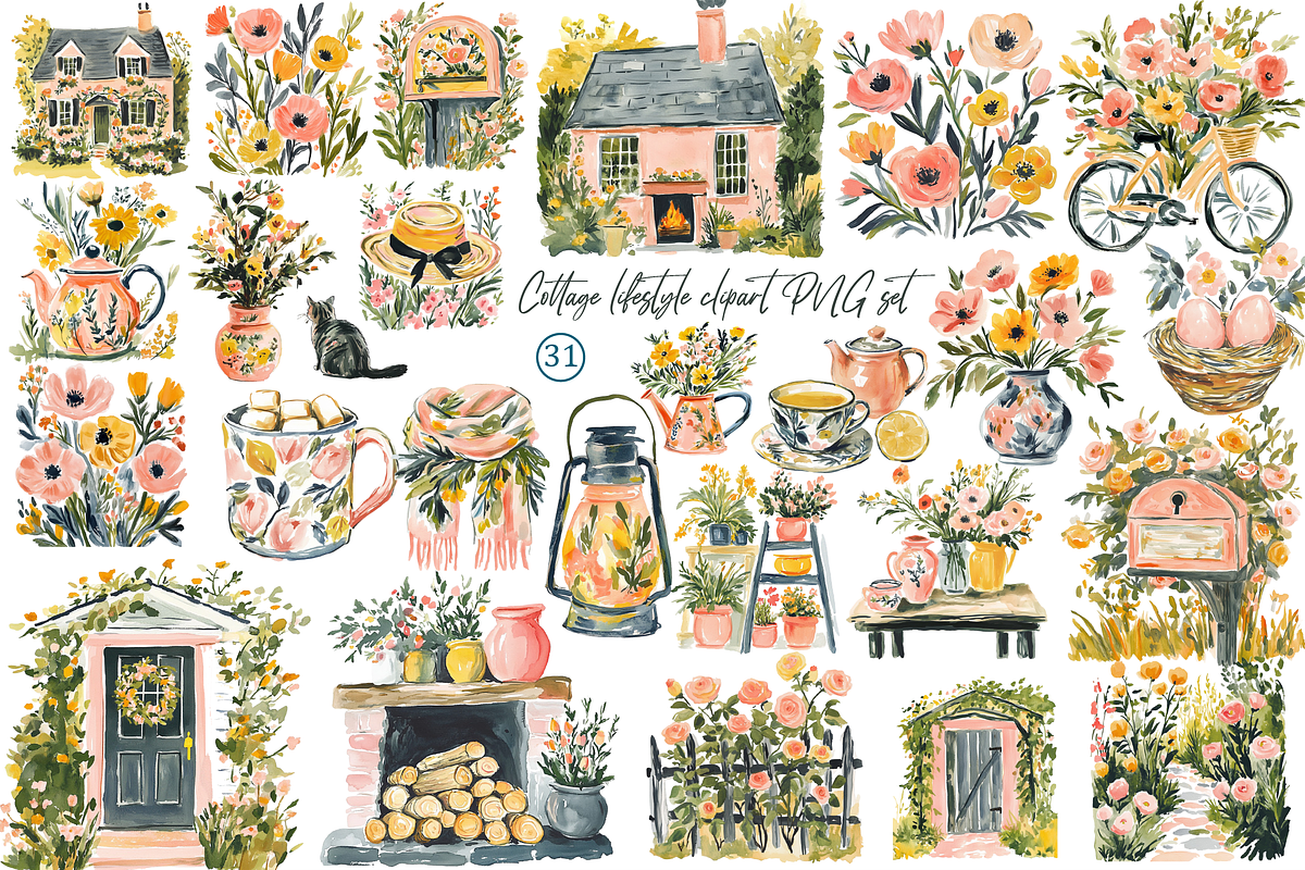 Cottage lifestyle clipart PNG set, an Illustration by Libby Wishes (Photo 1 of 3)