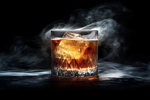 Whiskey glass with ice on dark table, a Photo by Beautiful things