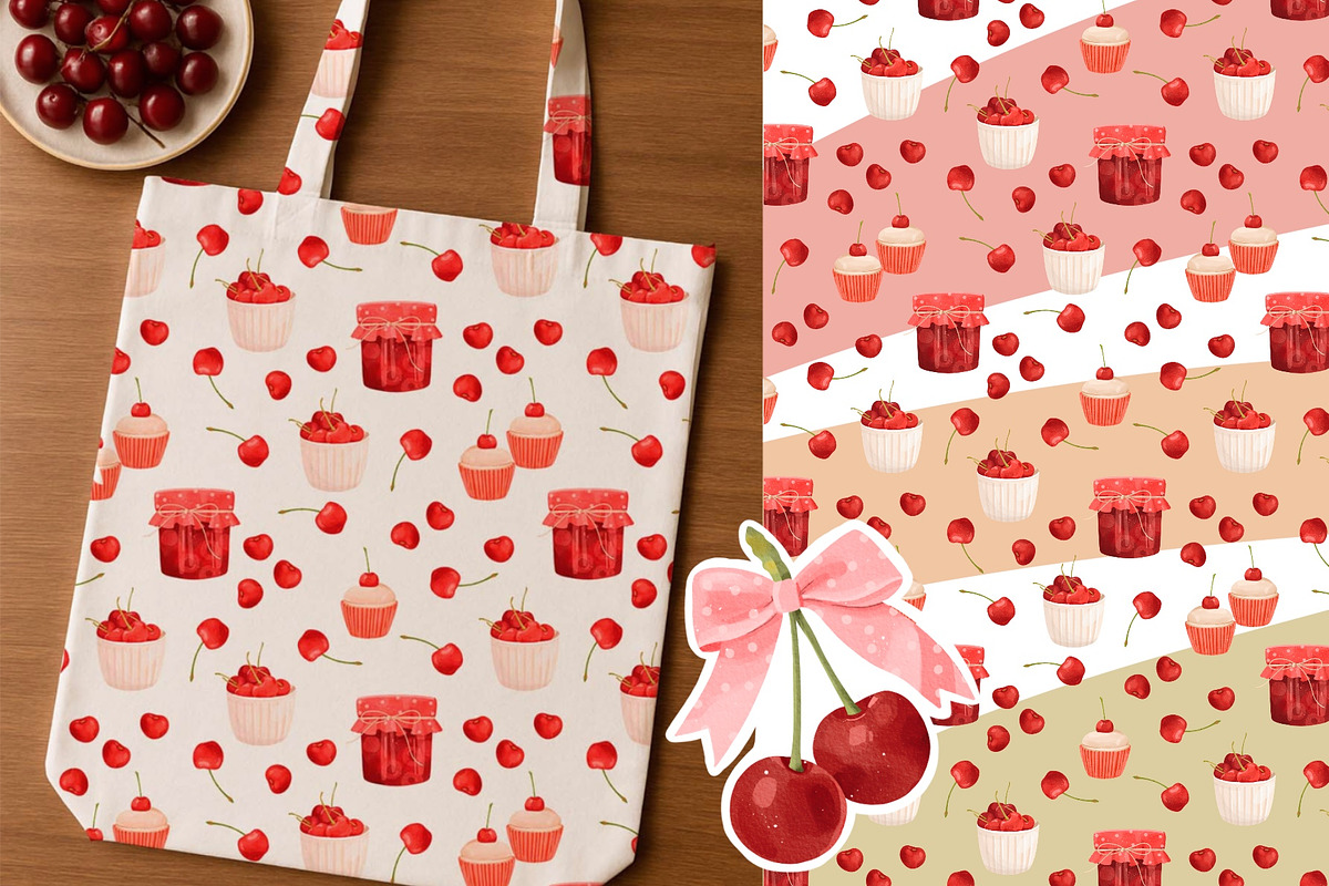 Watercolor Cherry and Bow Clipart, a Food Illustration by ArtGiftsStudio (Photo 5 of 6)