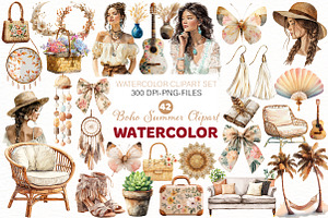 Watercolor Boho Summer Clipart, an Illustration by Designworld