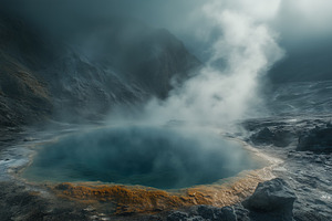 A serene geothermal hot spring surrounded by steam and rocky terrain, with a vi, a Nature Photo by Textures & Backgrounds
